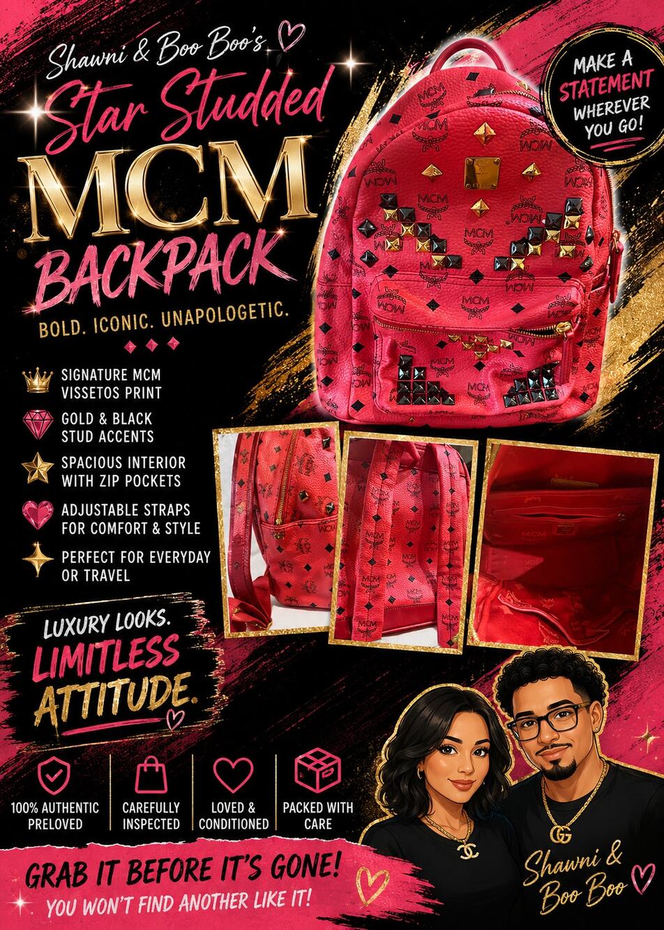 KB068 MCM Limited Edition Red Studded Stark Backpack*Unisex beauty